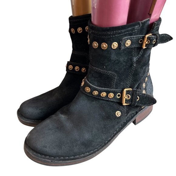 UGG moto boots Fabrizia studded black suede leather studs size 6.5 womens gold - Picture 3 of 10